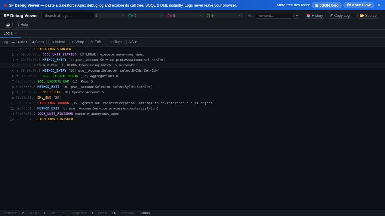 SF Debug Viewer X analyzing a Salesforce Apex debug log with a stats bar and color-coded call tree